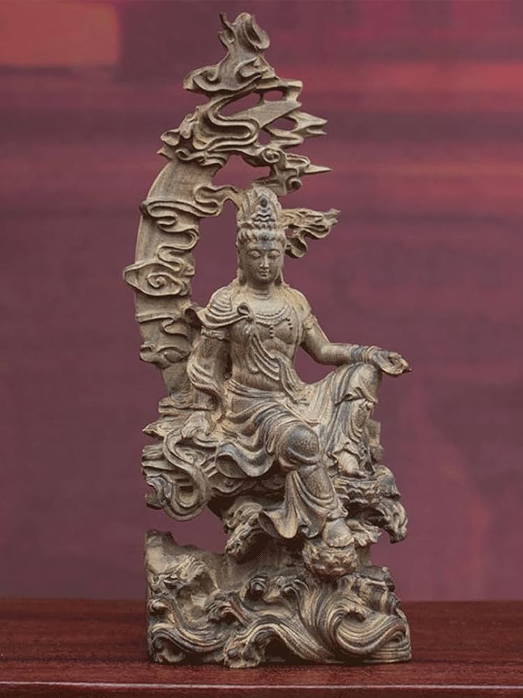 Amazon｜木彫り仏像 観音菩薩様 水月観音 17cm 天然木製 家内